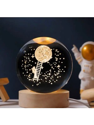 baytoptan Merdivenle Dünyaya Tırmanan Astronot Renk Değiştiren Işıklı Cam Küre 6cm