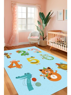 The Reef Design Mavi Renkli Hayvanlı Sayılar Halısı Dijital Baskılı Dokuma Kaymaz Tabanlı Yıkanabilir Antre Halısı Antialejik Çocuk Halısı