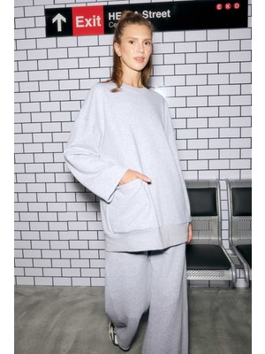 Ribanalı Rahat Kesim Sweatshirt Gri Melanj