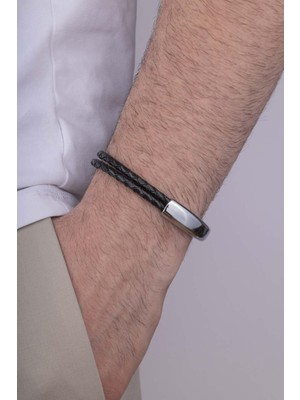 Gümüş Pazarım Örgü Model Çift Geçişli Çelik Aparatlı Erkek Deri Bileklik