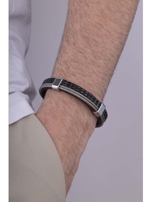 Gümüş Pazarım Gri Silindir Geçişli Baklava Desenli Erkek Deri Bileklik