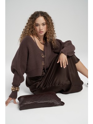 Luna Metal Detay Kahve Kısa Triko Hırka