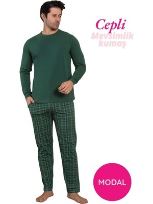 Bie's Erkek Yeşil Bisiklet Yaka Düğmesiz Ekose Desen Modal Mevsimlik Uzun Kol Manşetli Cepli Pijama Takımı