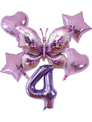 Mor Renk Büyük Boy Kelebek Folyo 6 Lı Doğum Günü Yaş Balon Set