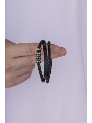 Gümüş Pazarım Figürlü Örgü Model Üç Sıra Erkek Deri Bileklik