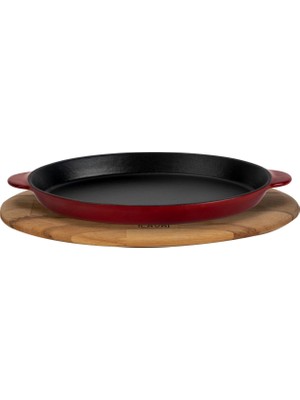 Lava Döküm Oval Fajita Tabağı Döküm Demir Yekpare Çift Kulplu Kayın Servis Ahşabı Ölçü 18X24CM.-BORDO
