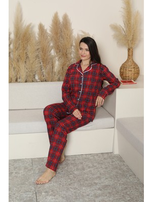 Kadın Pijama Takımı-Ekose Desenli - Pat Yakalı-Düğmeli 12284