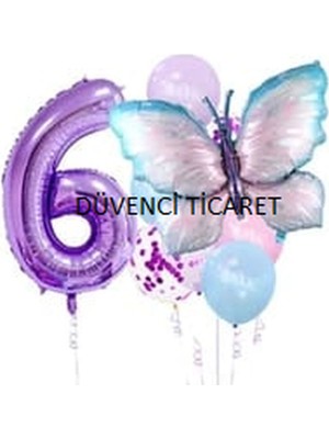 Mor Rakamlı Kelebek Folyolu Balon Set