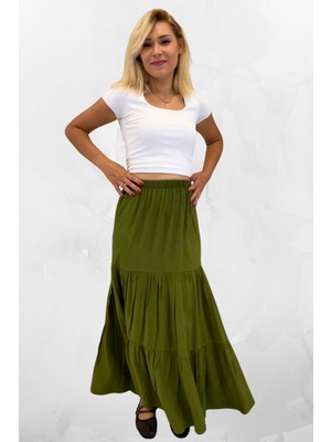 Rahat Kesim Viskon Kumaş Beli Lastikli Fırfırlı Uzun Kadın Çingene Etek