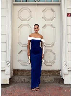 Moda Feminen Saks Beyaz Krep Elbise 582938