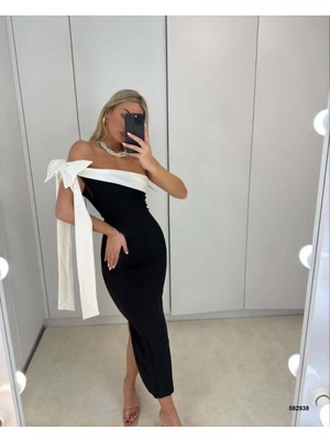 Moda Feminen Siyah Beyaz Krep Elbise 582938