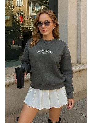 Fashion Friends Oversize Bisiklet Yaka Simli Baskılı Antrasit Kadın Sweatshirt 25K0131K1