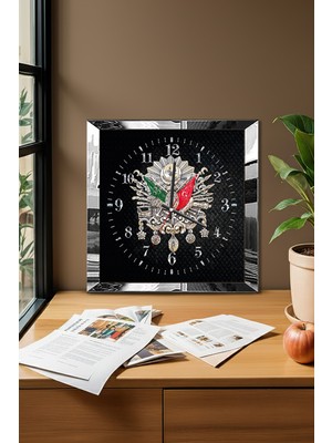 Gümüş Çerçeveli Siyah Osmanlı Tuğrası Temalı Dekoratif Mdf Duvar Saati