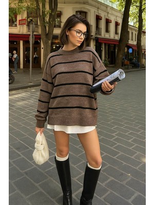 Fashion Friends Bisiklet Yaka Çizgili Vizon Kadın Kazak 25K0093K1