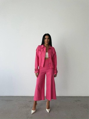 Hanzone Keten Püskül Detaylı Gömlek-Pantolon Takım - Fuşya