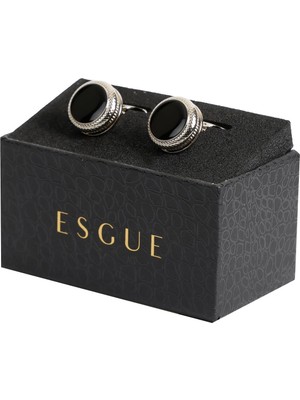 Esgue Gümüş Renk Siyah Mineli Yuvarlak Kol Düğmesi KD:7505