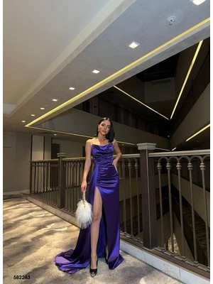 Moda Feminen Ince Askılı Göğüs Drapeli Saten Elbise Mürdüm 582243