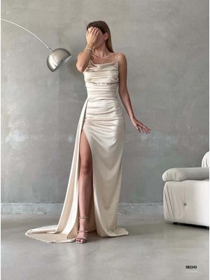 Moda Feminen Ince Askılı Göğüs Drapeli Saten Elbise Bej 582243