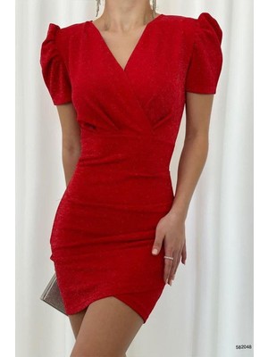 Moda Feminen Kirmizi Prenses Kol Kruvaze Yaka Mini Simli Krep Kumaş Elbise 582048