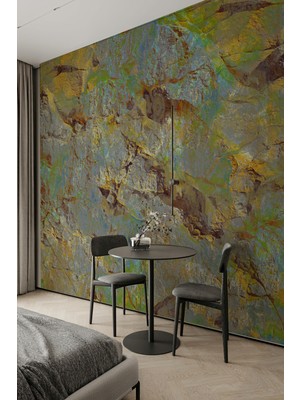 Doğal Kaya Dokulu Yeşil ve Sarı Efektli Tekstil Duvar Kağıdı