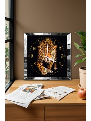 Gümüş Çerçeveli Leopar Temalı Dekoratif Mdf Duvar Saati