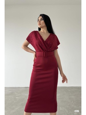 Moda Feminen Viola Inci Detay  Elbise Bordo 582167