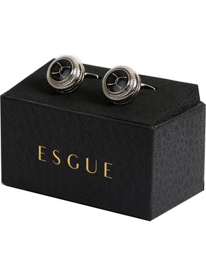 Esgue Gümüş Renk Siyah Desenli Yuvarlak Kol Düğmesi KD:7205