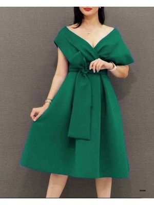 Moda Feminen Kendinden Kemerli Pileli Orta Boy Yeşil Elbise 581680