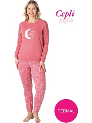 Bie's Kadın Pembe Bisiklet Yaka Düğmesiz Kışlık Termal Bilek Manşetli Jogger Uzun Kol Cepli Pijama Takımı