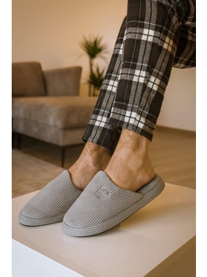 Unisex Nakışlı Kadife Fitilli Desen Rahat Yumuşak Tabanlı Içi Kürklü Terlik