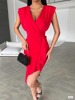 Moda Feminen Kruvaze Yaka Scuba Volanlı Elbise Kırmızı 581663