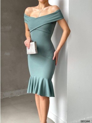 Moda Feminen Ithal Krep Kumaş Madonna Yaka Volanlı Mint Elbise 581344