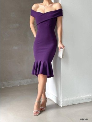Moda Feminen Ithal Krep Kumaş Madonna Yaka Volanlı Mor Elbise 581344