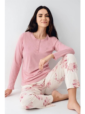 Pierre Cardin 9055 Kadın Düğmeli Bisiklet Yaka Uzun Kollu Pijama Takımı-Gülkurusu