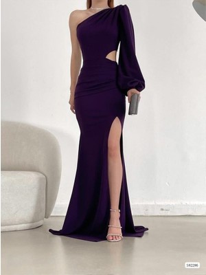 Moda Feminen Tek Kol Derin Yırtmaçlı Krep Gece Elbisesi Abiye 582286 Mor