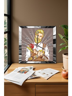 Gümüş Çerçeveli Berber Temalı Dekoratif Mdf Duvar Saati