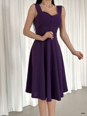 Moda Feminen Askılı Kalp Yaka Midi Boy Krep Kumaş Abiye Elbise 582187 Mor