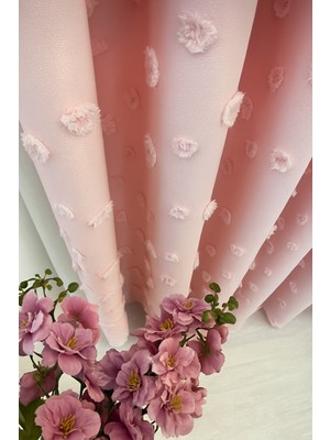 Püsküllü Şeker Pembe Keten Fon 1 / 3 Sık Pileli Fon, Perde, Tül, ( Tek Kanat )