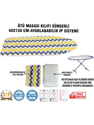 Ütü Masası Kılıfı Vip 48X130 Cm-Süngerli Ütü Bezi Ütü Masası Bezi-Sarı Gri Zikzak