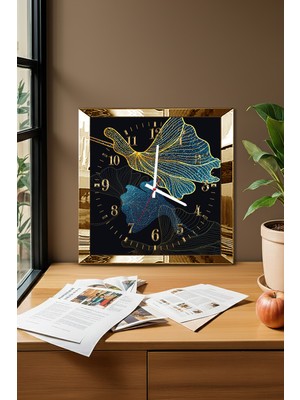 Gold Çerçeveli Gece Yaprağı Temalı Dekoratif Mdf Duvar Saati