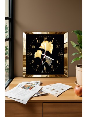 Gold Çerçeveli Altın Yaprak Deseni Temalı Dekoratif Mdf Duvar Saati