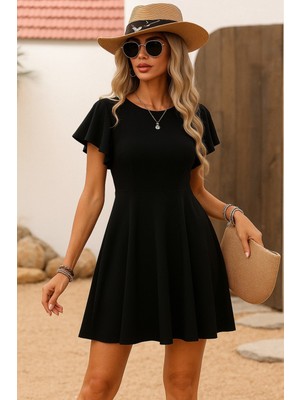 Hanzone Kadın Kısa Kelebek Kollu Bisiklet Yaka Janjan Krep Elbise