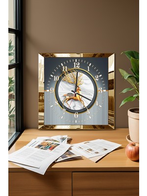 Gold Çerçeveli Ceylan Temalı Dekoratif Mdf Duvar Saati