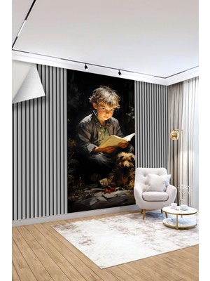 Sanatsal Çocuk ve Köpek Tasarımlı Poster Tekstil Duvar Kağıdı