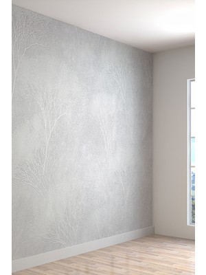 Gri Ince Ağaç Dalları Desenli Tekstil Duvar Kağıdı