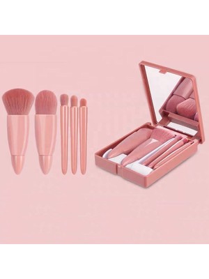 Ayna Kapaklı Seyahat Boy 5'li Mini Makyaj Fırça Seti - Allık, Far, Kapatıcı Fırçaları