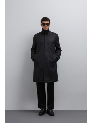 Antioch Siyah Teknik Erkek Trençkot Düz Desenli Uzun Kol Astarlı İnce Kumaş