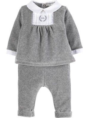 Idil Baby Kız Bebek Gri Nakışlı Kadife 2'li Takım