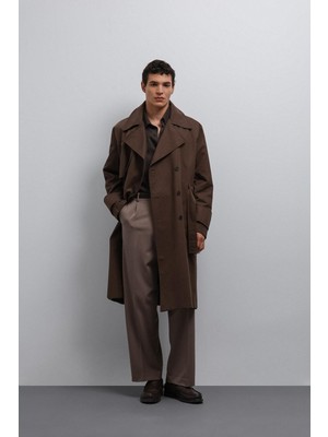 Antioch Erkek Trençkot Kahve Renk Düz Desenli Relax Fit Orta Kalınlıkta Astarlı Tasarım