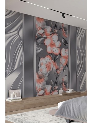 Gri Metalik Dalgalar ve Pembe Çiçek Desenli Tekstil Duvar Kağıdı